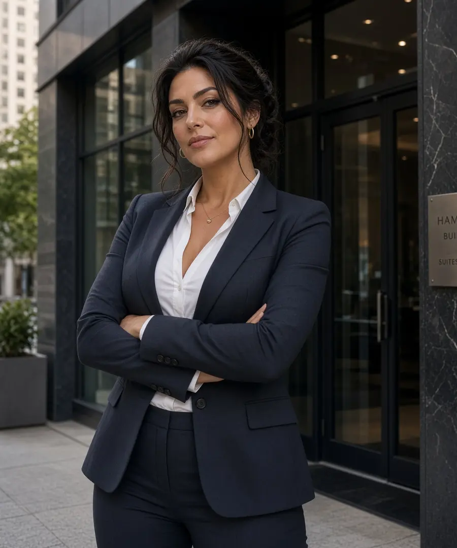 Business owner standing at the entrance of her office building
